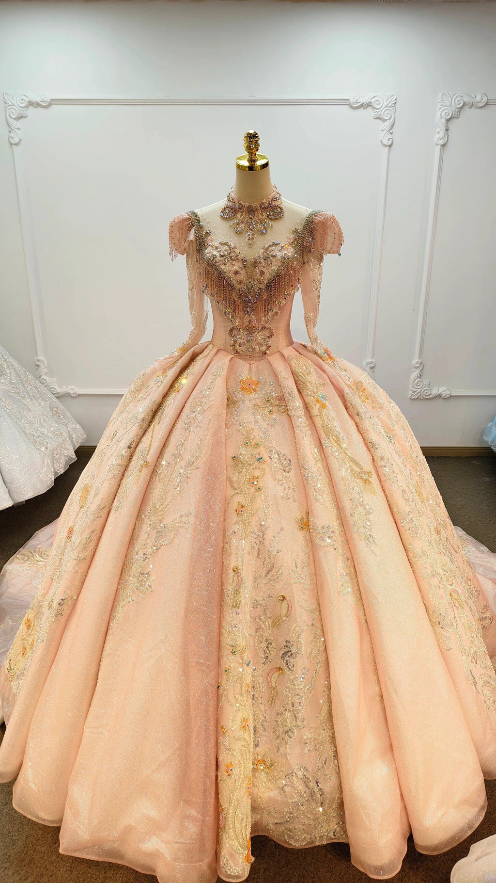 Lavish Blush Pink High-Neck Ball Gown Wedding Dress with Beaded Fringe & 3D Floral Embroidery Ye-2026 by ZAPDRESS
