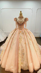 Lavish Blush Pink High-Neck Ball Gown Wedding Dress with Beaded Fringe & 3D Floral Embroidery Ye-2026 by ZAPDRESS