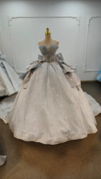 Dreamy Light Blue Sweetheart Ball Gown Wedding Dress with Sequin Tulle, Pearl Beading & Oversized Bow Ye-2029 by ZAPDRESS