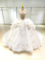 White Gleam Strapless Ballgown Beaded Bust & Ruffled Train by ZAPDRESS