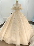 Exquisite High-Neck Tulle Ball Gown Wedding Dress with Crystal Embroidery & Ruffled Detachable Sleeves Ye-2022 by ZAPDRESS