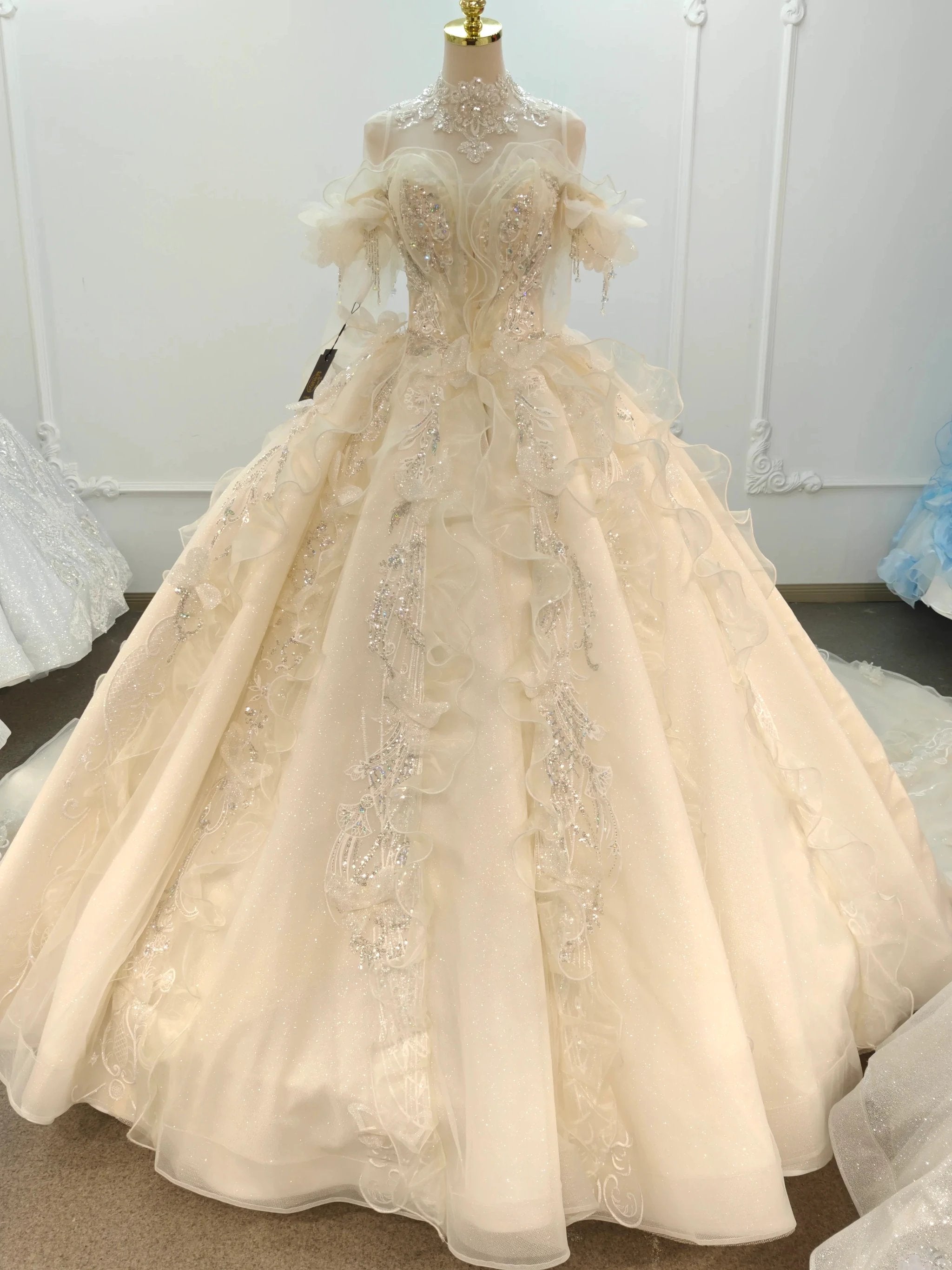 Exquisite High-Neck Tulle Ball Gown Wedding Dress with Crystal Embroidery & Ruffled Detachable Sleeves Ye-2022 by ZAPDRESS
