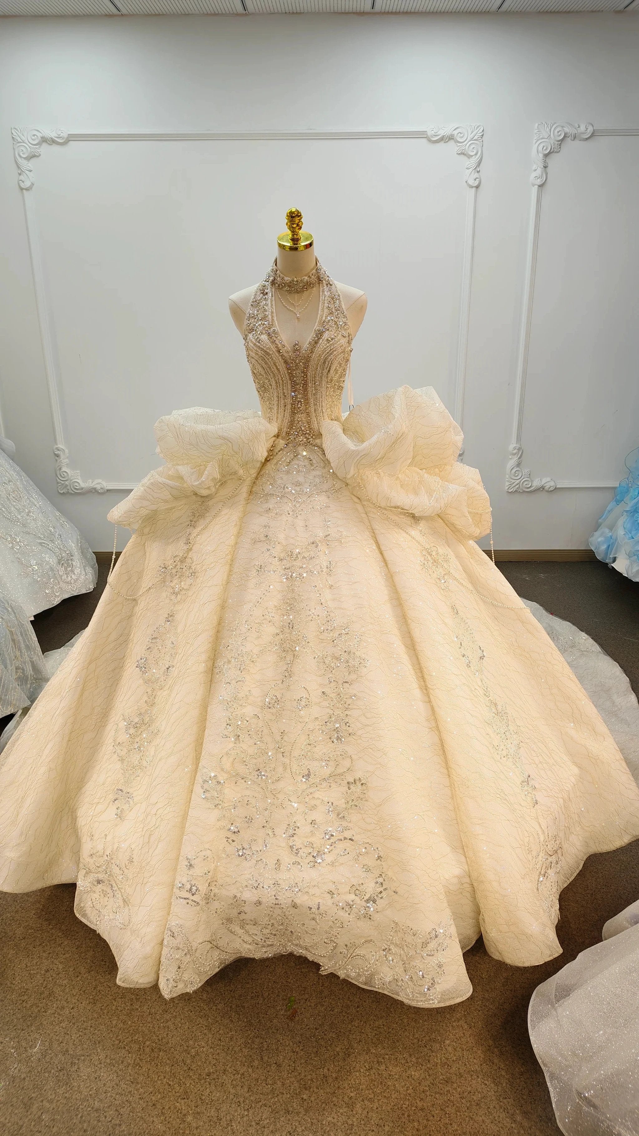 Lavish Halter-Neck Ball Gown Wedding Dress with Pearl Crystal Embroidery & Ruffled Tulle Skirt Ye-2034 by ZAPDRESS