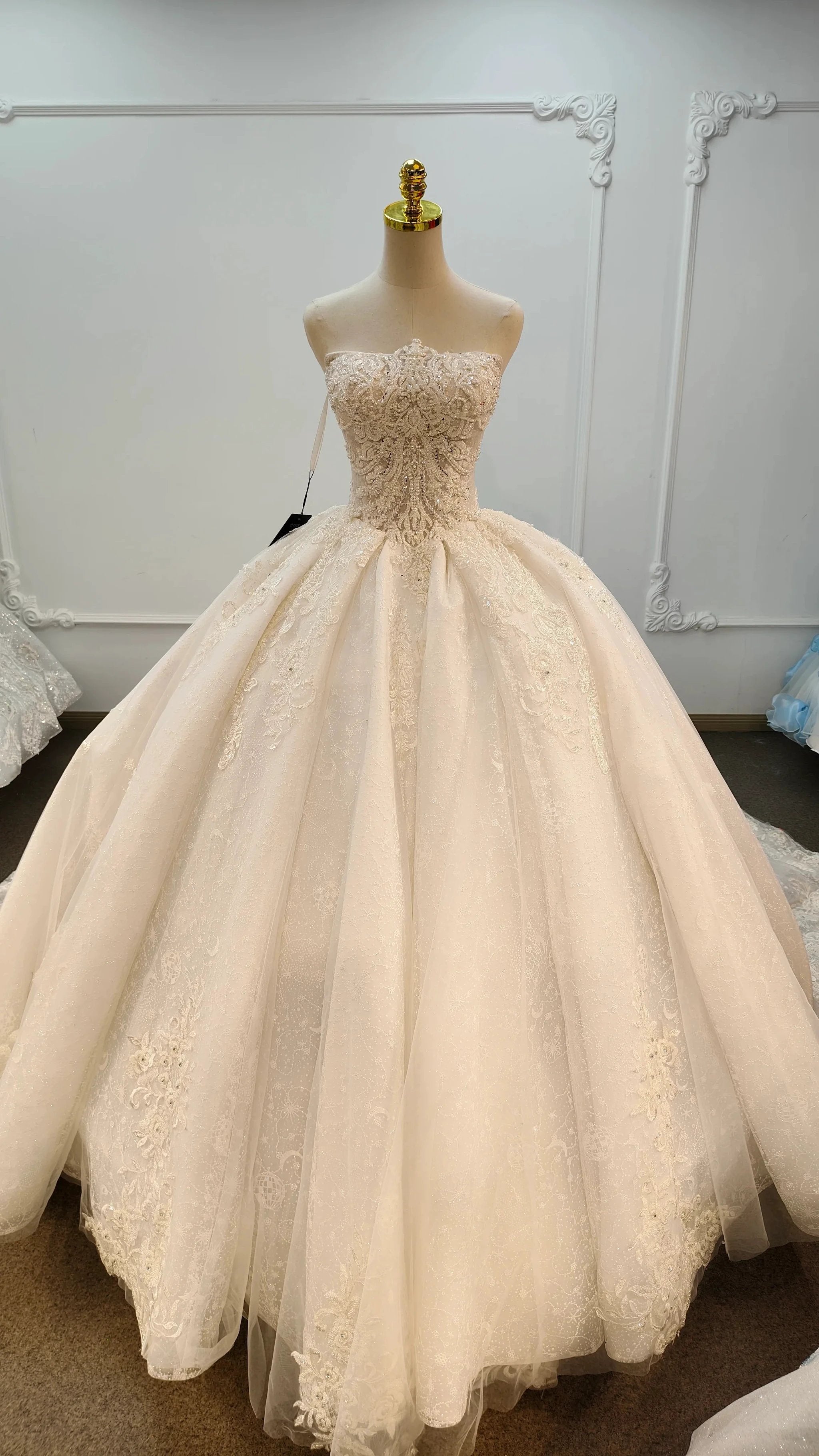 Opulent Strapless Ball Gown Wedding Dress with Pearl Beaded Lace, Sequin Tulle & Corset Lace-Up Back Ye-2030 by ZAPDRESS