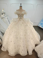 Ivory Starlight Off-Shoulder Ballgown Celestial Sequin Skirt & Beaded Tassel Bodice by ZAPDRESS