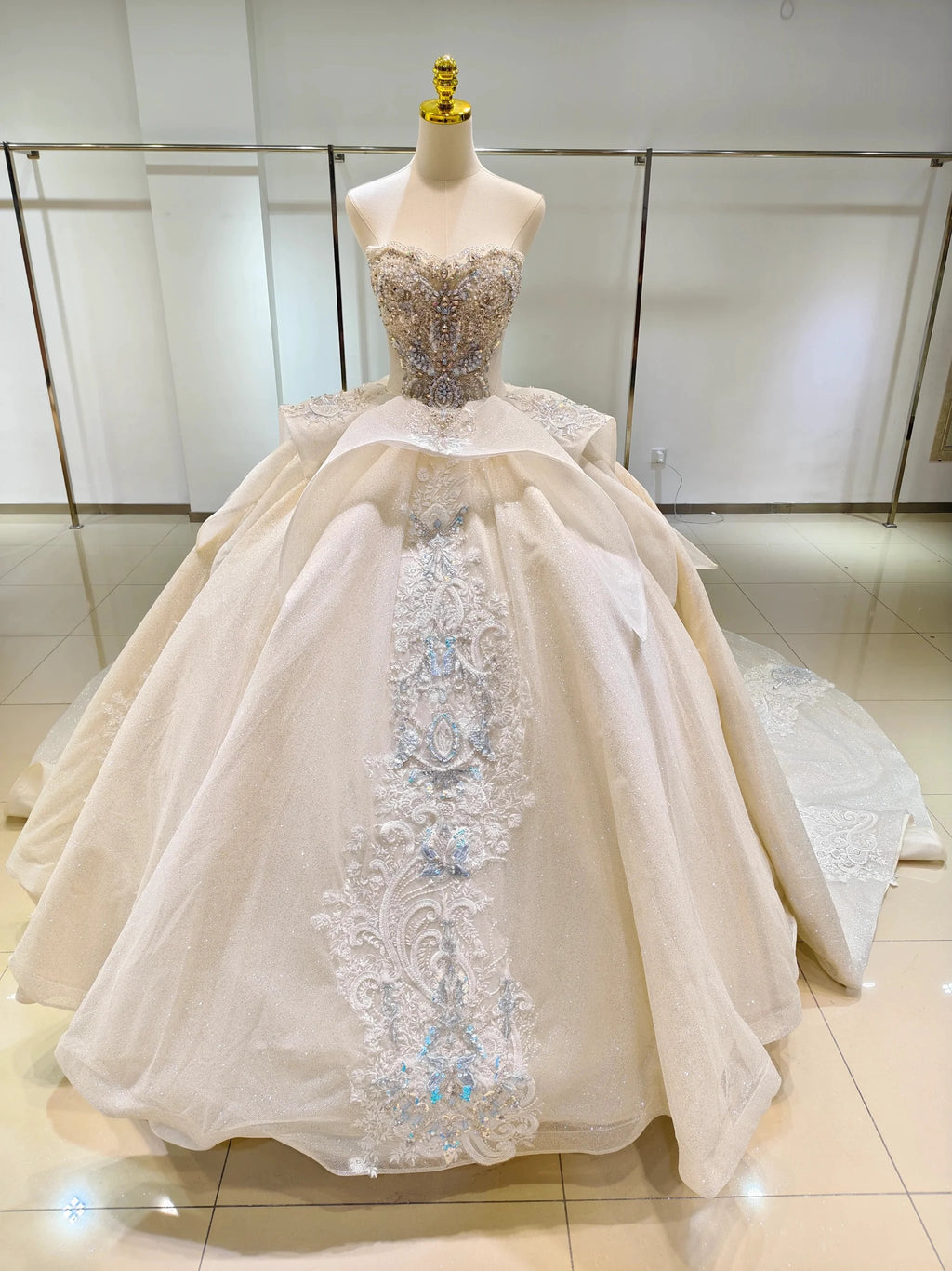 Ivory Glimmer Strapless Ballgown: Iridescent Beaded Bust & Flowing Train by ZAPDRESS