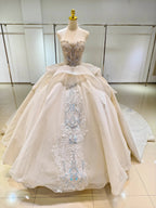 Ivory Glimmer Strapless Ballgown: Iridescent Beaded Bust & Flowing Train by ZAPDRESS