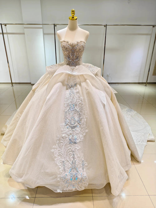 Ivory Glimmer Strapless Ballgown: Iridescent Beaded Bust & Flowing Train by ZAPDRESS