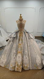 Regal Silver-Gold Ball Gown Halter Neck Beaded Embroidery Wedding Dress with Oversized Bows Ye-2018 by ZAPDRESS