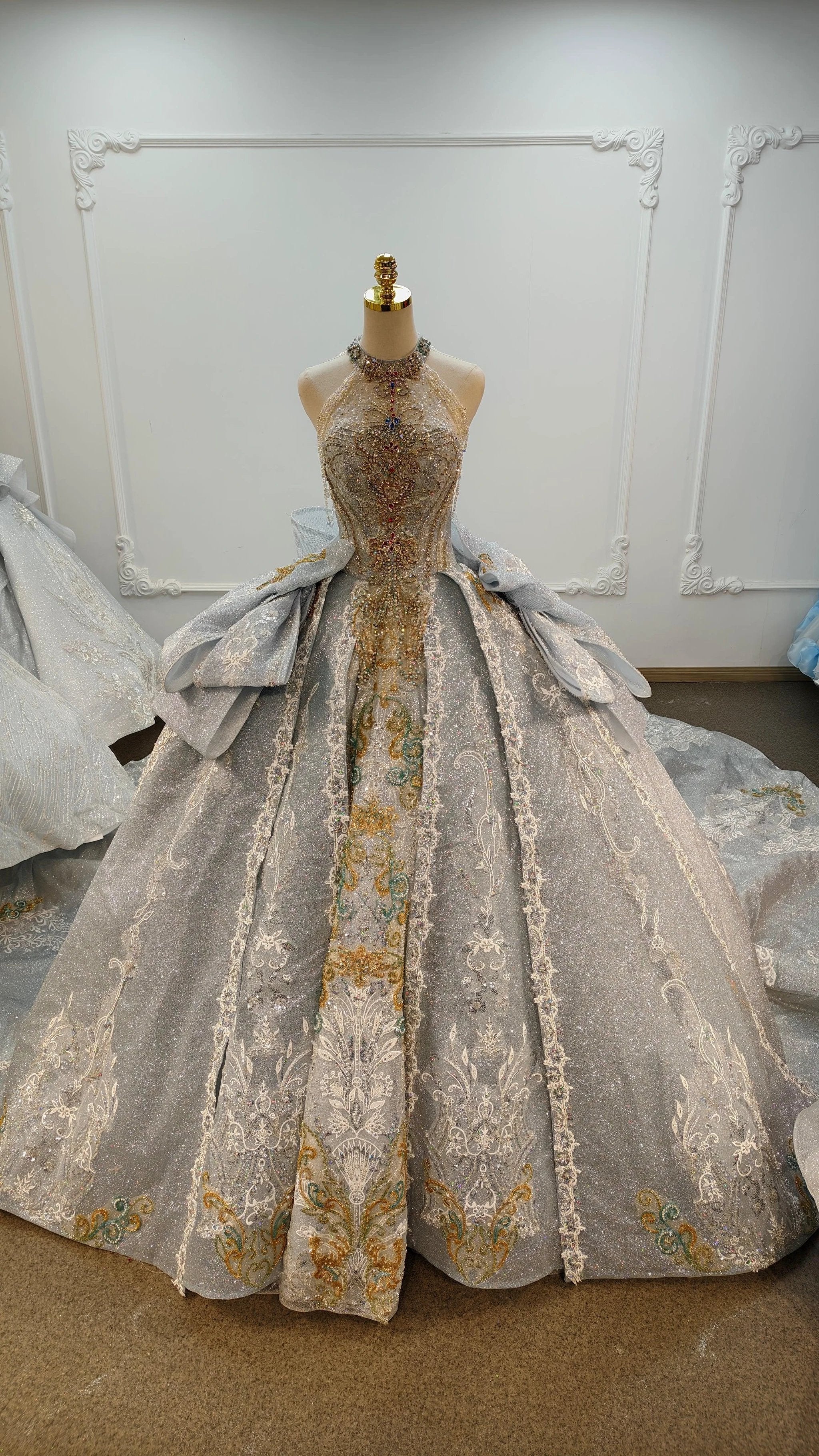 Regal Silver-Gold Ball Gown Halter Neck Beaded Embroidery Wedding Dress with Oversized Bows Ye-2018 by ZAPDRESS
