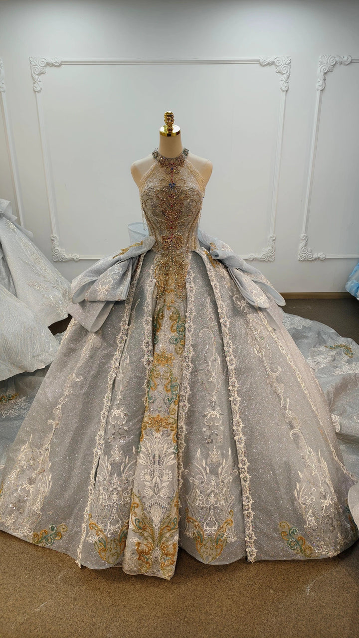 Regal Silver-Gold Ball Gown Halter Neck Beaded Embroidery Wedding Dress with Oversized Bows Ye-2018 by ZAPDRESS