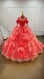 Vibrant Coral Red Off-the-Shoulder Ball Gown Wedding Dress with 3D Rose Appliqués & Beaded Tassels Ye-2036 by ZAPDRESS