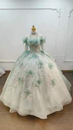 Fairy-Tale Mint Green High-Neck Ball Gown Wedding Dress with 3D Organza Flowers & Crystal Embroidery Ye-2025 by ZAPDRESS