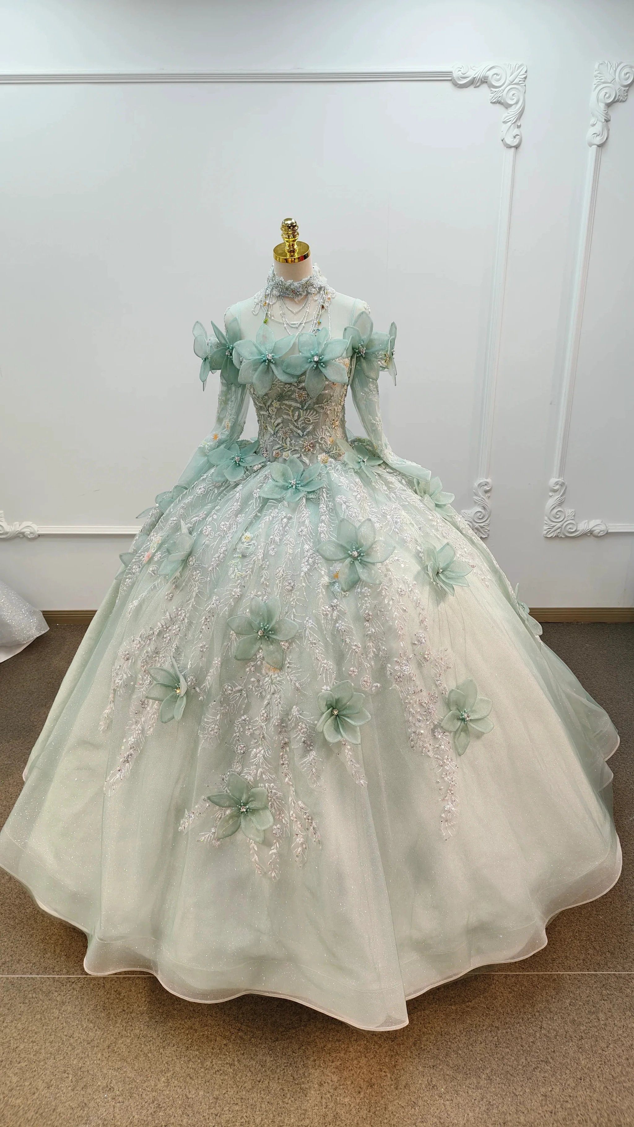 Fairy-Tale Mint Green High-Neck Ball Gown Wedding Dress with 3D Organza Flowers & Crystal Embroidery Ye-2025 by ZAPDRESS