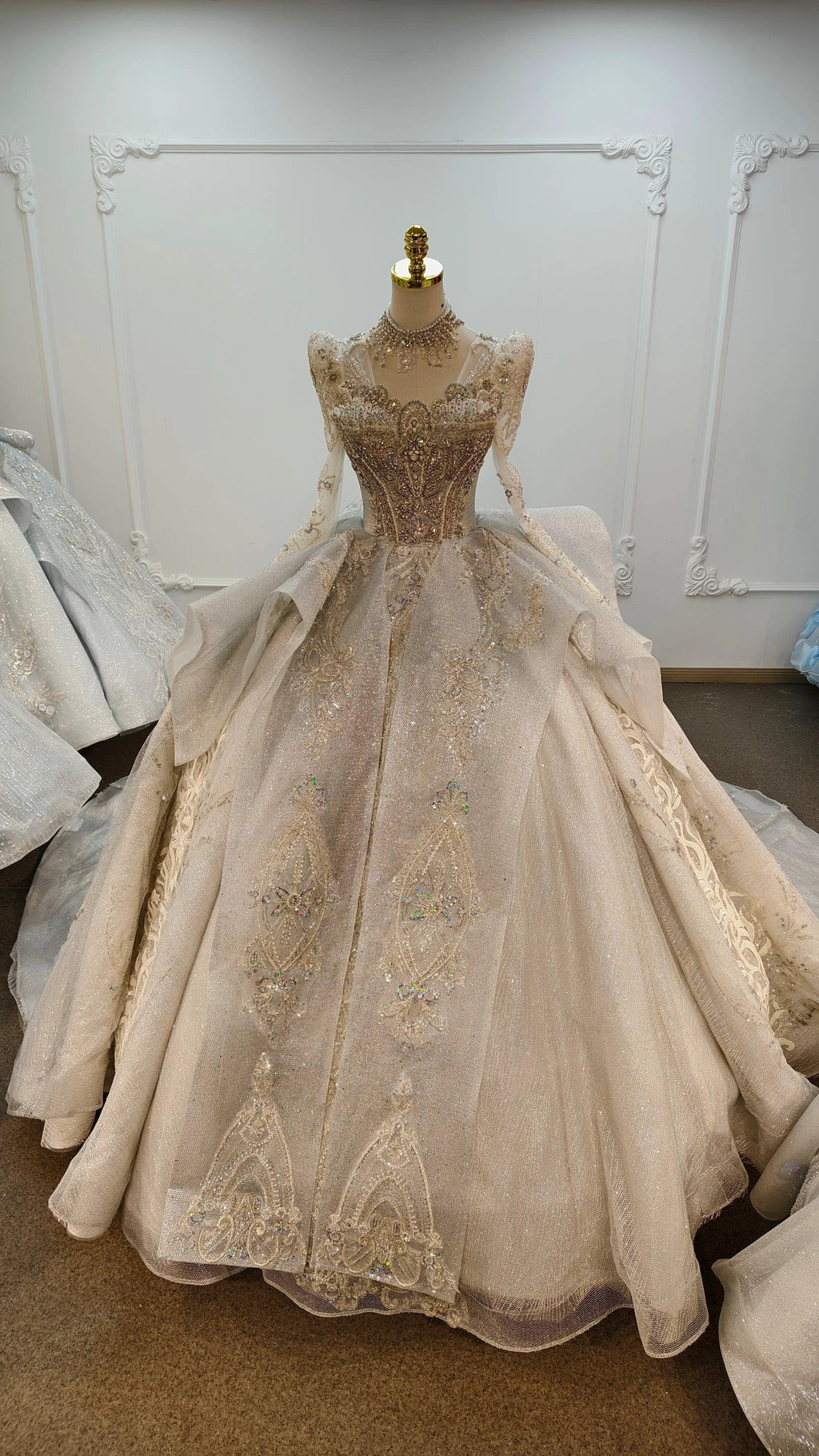 Gorgeous High-Neck Sequin Ball Gown Wedding Dress with Crystal Embroidery & Sheer Long Sleeves Ye-2021 by ZAPDRESS