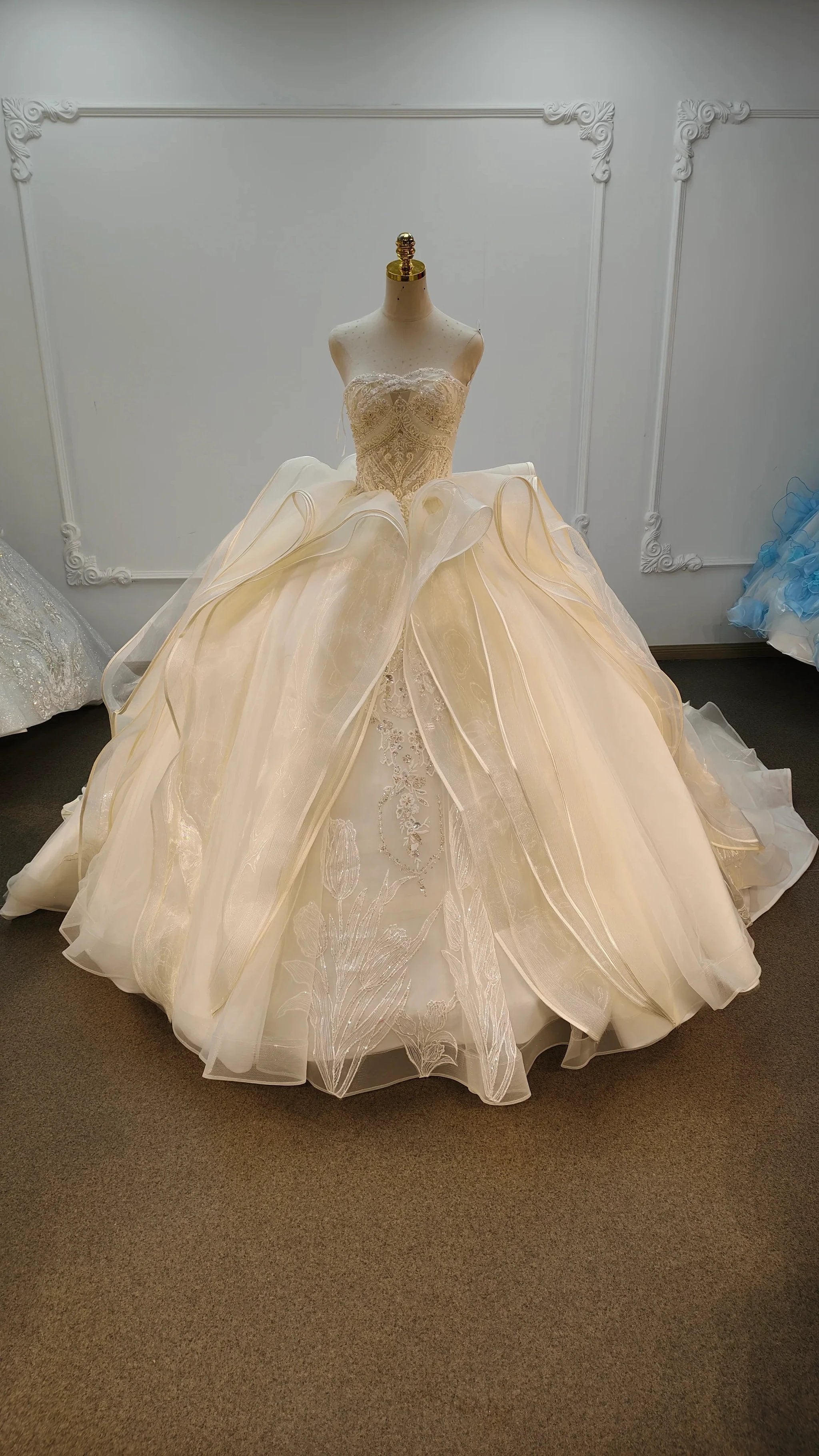 Romantic Sweetheart Strapless Ball Gown Wedding Dress with Crystal Floral Embroidery & Tulle Ruffles Ye-2023 by ZAPDRESS