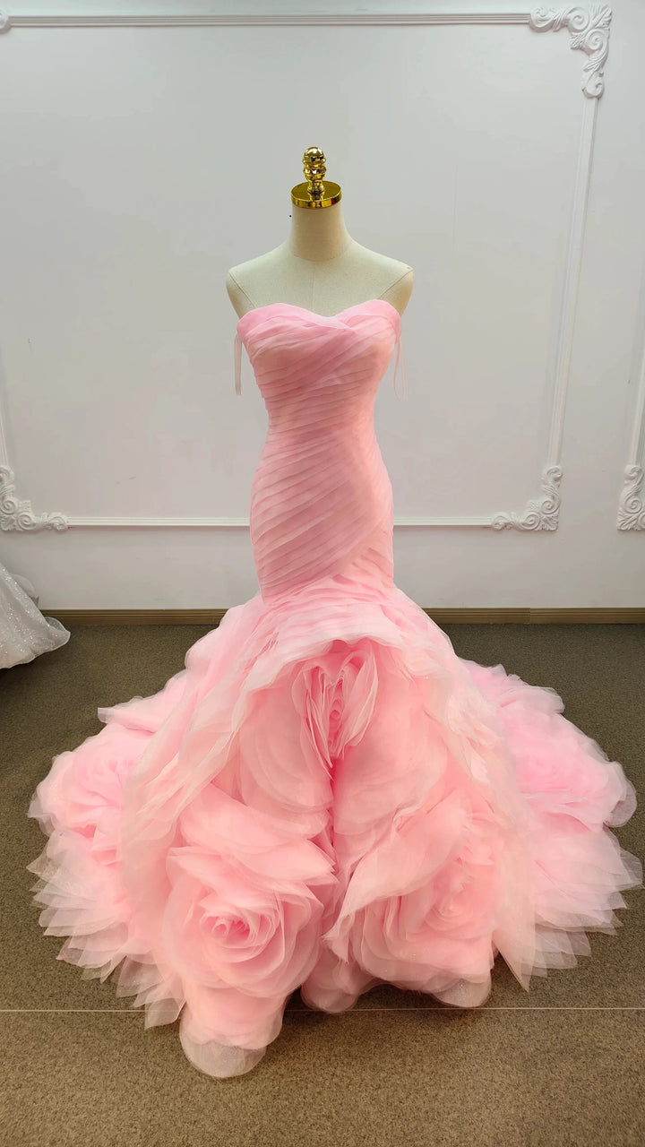 Romantic Blush Pink Strapless Mermaid Wedding Dress with Ruched Bodice &amp; 3D Rose Tulle Skirt Ye-2033 by ZAPDRESS
