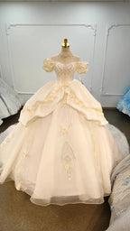 Ivory Rose Off-Shoulder Ballgown Beaded Bust & 3D Flower Skirt by ZAPDRESS