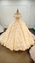 Ethereal Off-the-Shoulder Ball Gown Wedding Dress with 3D Floral Appliqués, Pearl Beading & Glitter Tulle Ye-2038 by ZAPDRESS