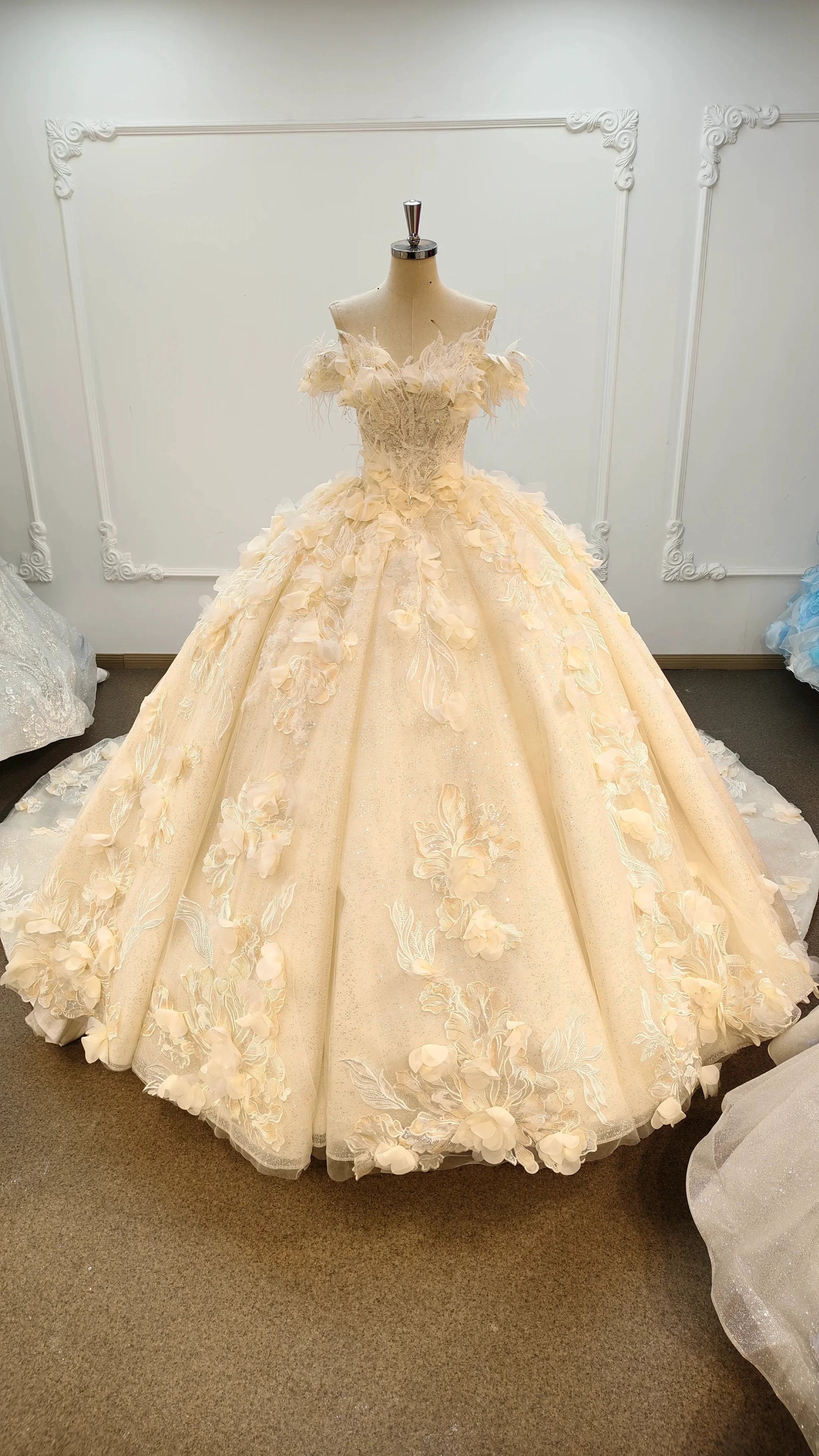 Ethereal Off-the-Shoulder Ball Gown Wedding Dress with 3D Floral Appliqués, Pearl Beading & Glitter Tulle Ye-2038 by ZAPDRESS