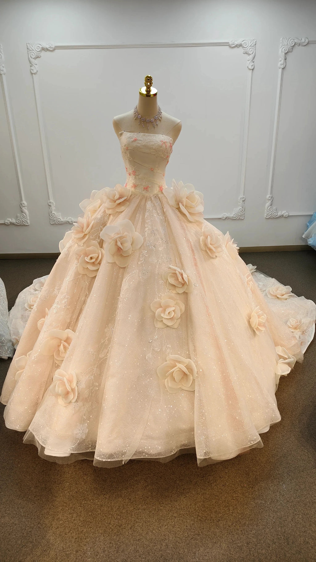 Romantic Blush Ball Gown Strapless 3D Rose Embellished Beaded Wedding Dress with Sparkling Train Ye-2019 by ZAPDRESS