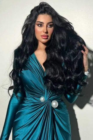 V-neck Long Sleeves Formal Evening Dress Pearls Ruched Floor-length Elegant Women Wedding Party Dresses For Prom