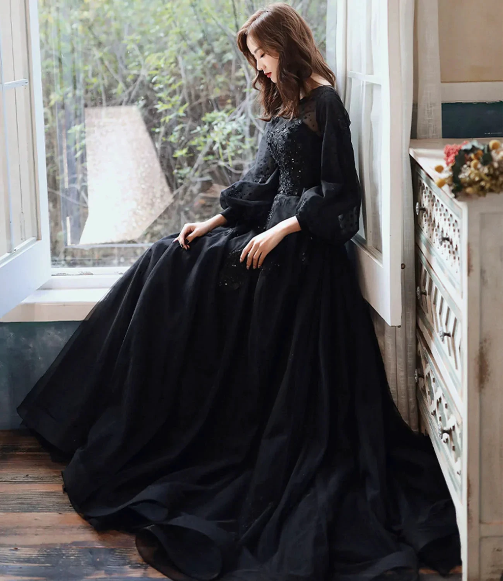 Black lace long prom dress A line evening gown Y1294 by simplepromdress