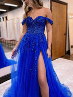 Meadow |A Line Off the Shoulder Lace Tulle Prom Dress With Slit by KissProm