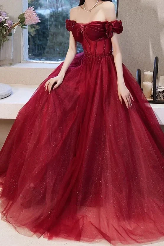 Pink Tulle Beaded Princess Prom Dress Off The Shoulder Ball Gown Evening Dress Y7584 by simplepromdress