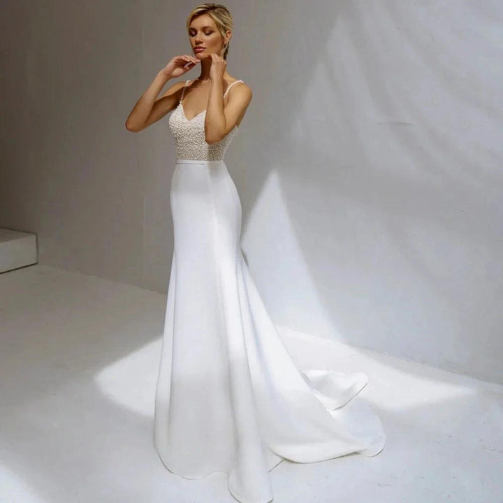 Shinning Sheath Pearl Wedding Dresses Spaghetti Strap Satiin Beads V-Neck For Women Robe De Mariée Formal Brides Gown by payinti