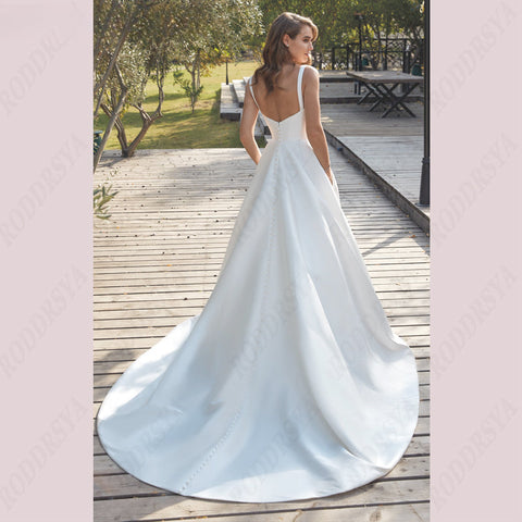 Civil V-Neck Wedding Dresses Square Collar Satin Bridal Gowns A-line Backless Buttons Bride Party Spaghetti Straps