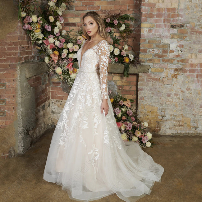 Light Champagne Modern Wedding Dresses Backless Applique Bride Gowns A-Line Tulle V-Neck Long Sleeves vestido de noiva Hover Image