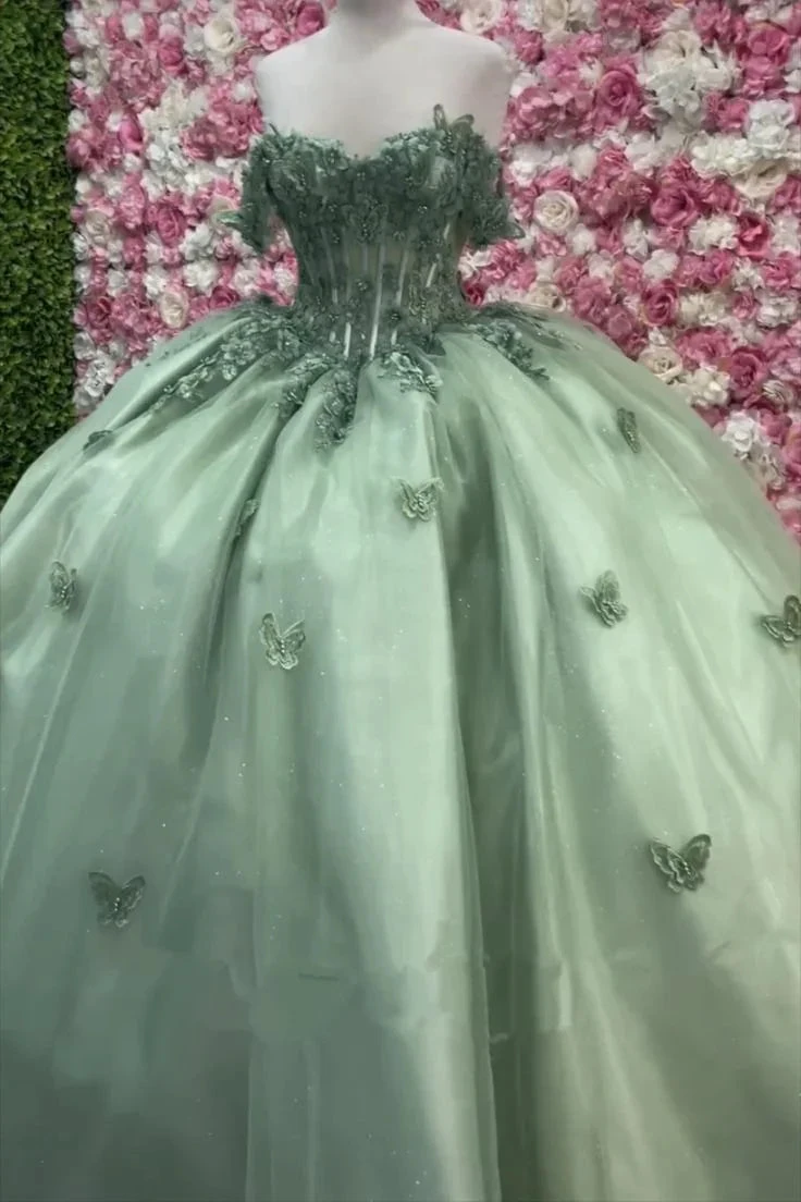 Sweetheart Sage Green Quinceanera Dresses Butterfly Applique Ball Gown Tulle Sweet 16 Dress A-line Lace Up Luxury Prom Dress Y4341 by simplepromdress