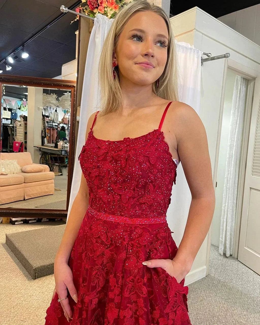 Shana | Cute A Line Scoop Neck Red Lace Prom Dresses with Beading by KissProm