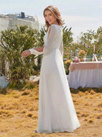 Classic Appliques 3D Flower Wedding Dress Simple Deep V-neck Long Sleeve Bridal Gown Beach Vestidos De Novia by payinti