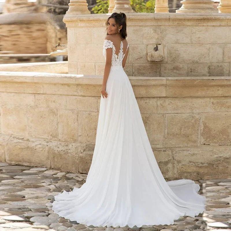Chiffon Bohemian Bride Gowns A-Line Wedding Dresses Side Slit Lace Beach Long O-Neck Cap Sleeves Vestidos De Novia 2024 by payinti
