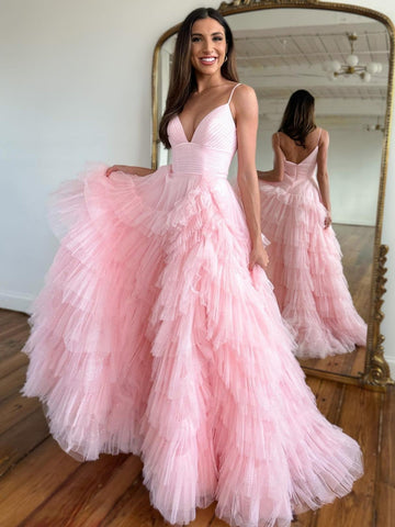 Alianna | Vestido de fiesta de tul escalonado con tirantes finos y corte A 