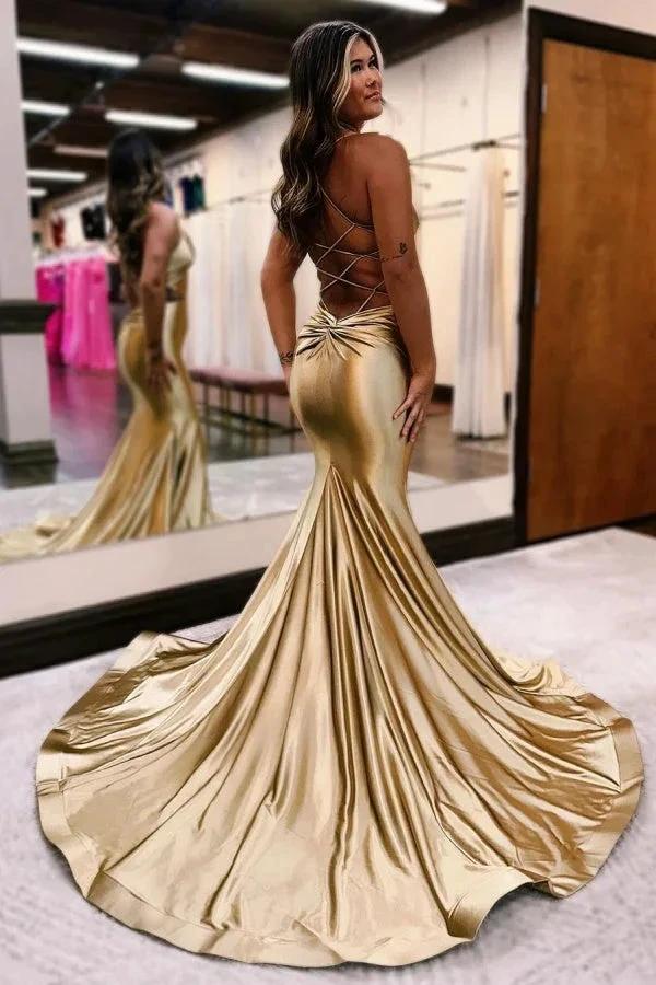 Elegant Long Mermaid V-neck Backless Formal Prom Dresses by BIZTUNNEL