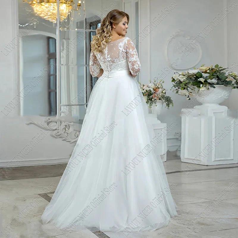 Vintage Beach Wedding Dress Plus Size Boho Lace Applique Three Quarter Sleeves Tulle Bride Gown A-Line Floor Length by payinti