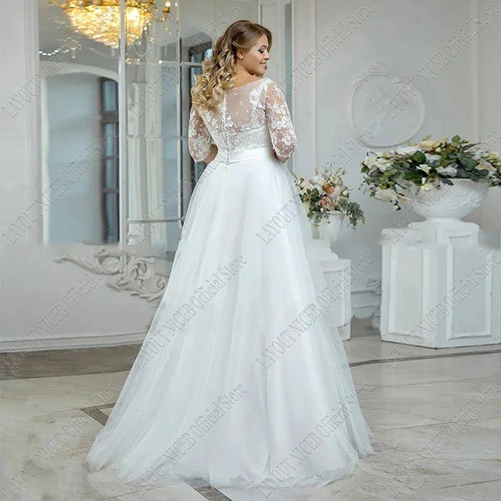 Vintage Beach Wedding Dress Plus Size Boho Lace Applique Three Quarter Sleeves Tulle Bride Gown A-Line Floor Length by payinti