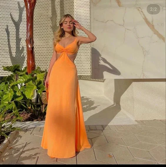 Simple V Neck Orange Long Prom Dress Orange Evening Dress Y6255 by simplepromdress