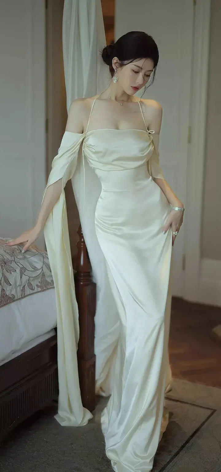 Sexy Backless Long Prom Dress White Satin Long Sleeves Evening Gown Y2080 by simplepromdress