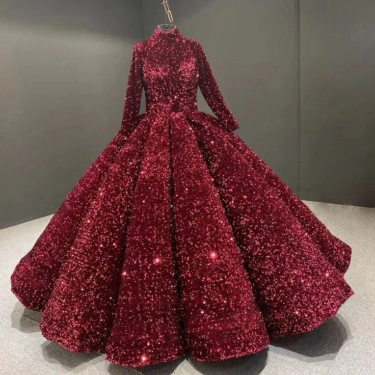 Burgundy Ball Gown Sequin Long Sleeve Quinceanera Dresses Y4442 by simplepromdress