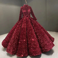Burgundy Ball Gown Sequin Long Sleeve Quinceanera Dresses Y4442 by simplepromdress