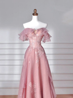 Sweet Pink Tulle Sequins Beaded A Line Prom Dress Off The Shoulder Long Evening Dress Y8643 by simplepromdress