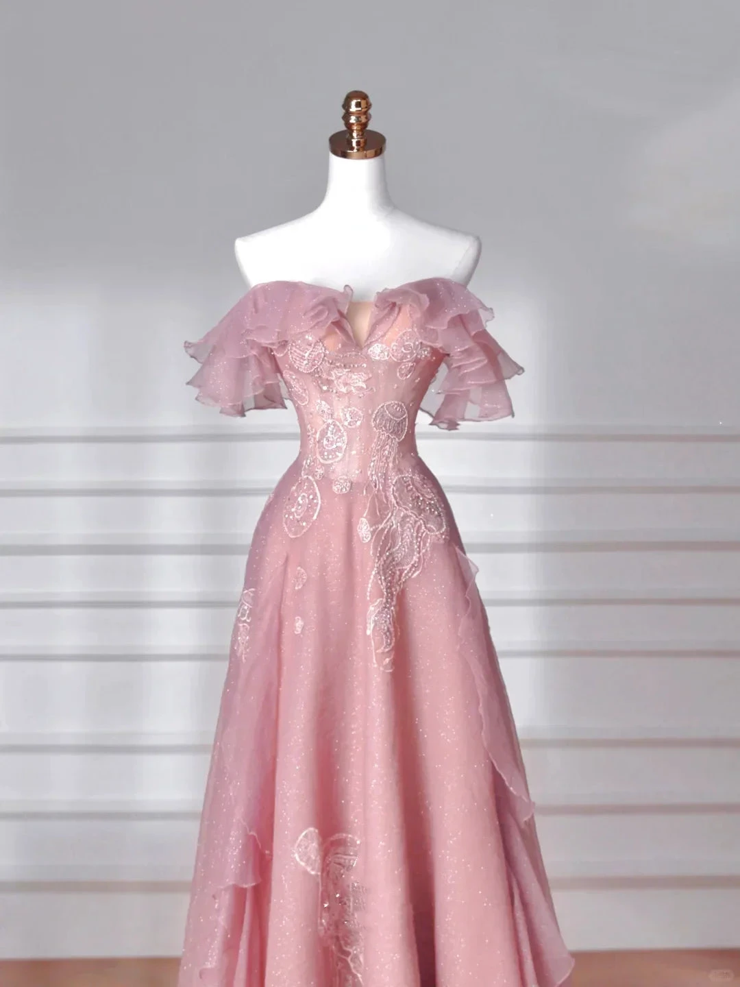 Sweet Pink Tulle Sequins Beaded A Line Prom Dress Off The Shoulder Long Evening Dress Y8643 by simplepromdress