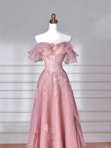 Sweet Pink Tulle Sequins Beaded A Line Prom Dress Off The Shoulder Long Evening Dress Y8643