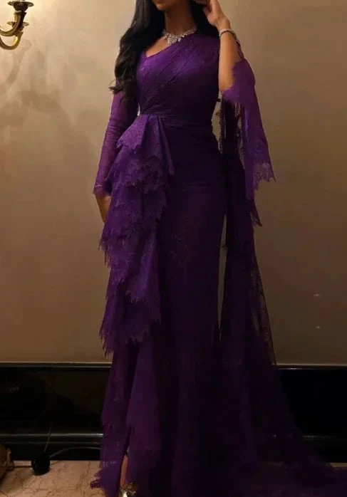 Sexy Purple One Shoulder Lace Slit Ruffles Prom Dress Evening Dress Y7767 by simplepromdress