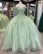 Off The Shoulder Sage Green Ball Gown With Flowers Sweet 16 Dress Quinceanera Y4342 by simplepromdress