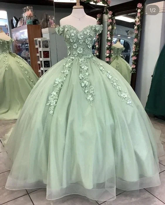 Off The Shoulder Sage Green Ball Gown With Flowers Sweet 16 Dress Quinceanera Y4342 by simplepromdress